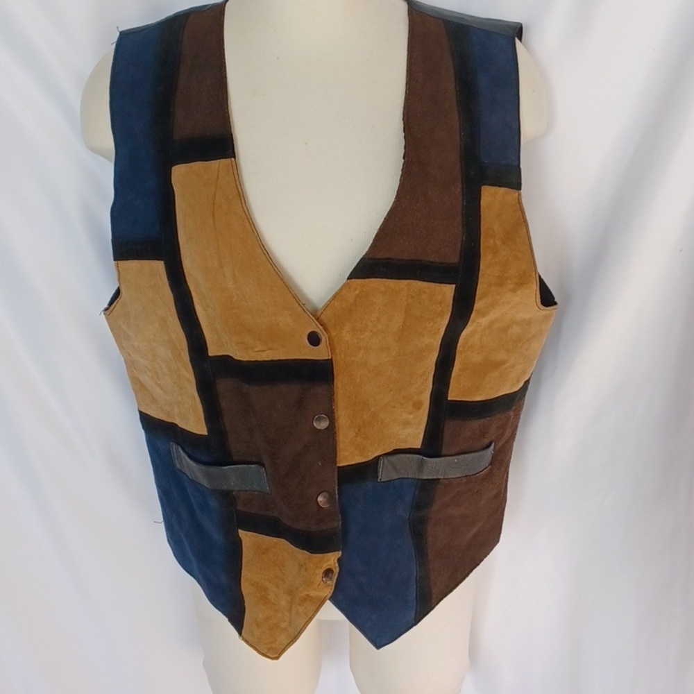 Learsi Genunie Leather Rare 1970 Patchwork Suede Vest Vintage GEM Size M, 20"PTP